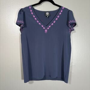 Bobeau Women's Blue & Purple Embroidered Peasant Top - Size Small - Boho Blouse